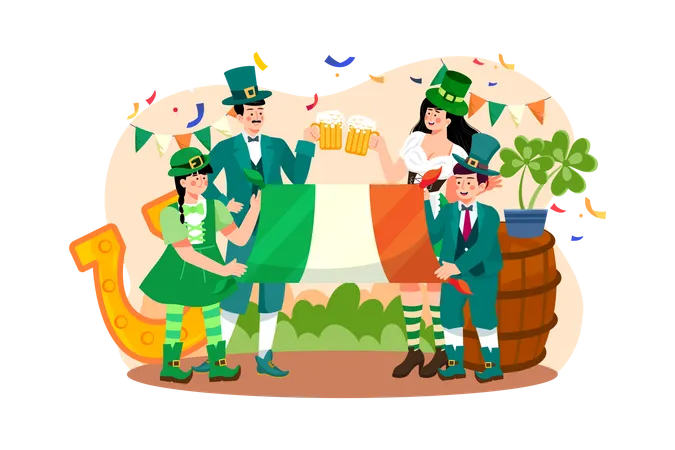 Famille célébrant la Saint-Patrick en buvant de la bière  Illustration
