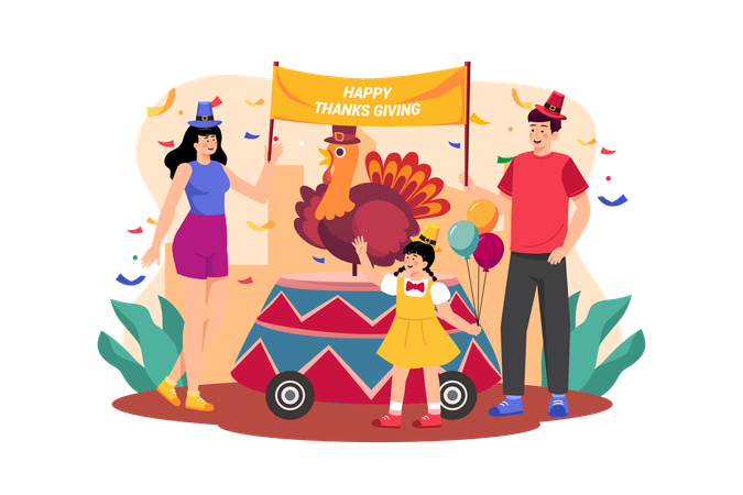 Famille célébrant ensemble le jour de Thanksgiving  Illustration