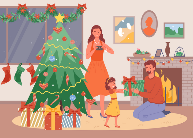 Famille célébrant le réveillon de Noël  Illustration