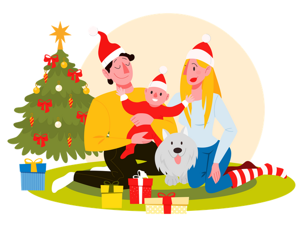 Famille célébrant Noël avec un enfant  Illustration