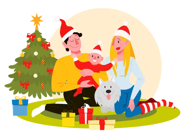 Famille célébrant Noël avec un enfant  Illustration