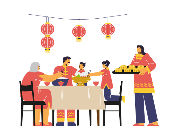 Une famille chinoise célèbre la fête de la mi-automne  Illustration