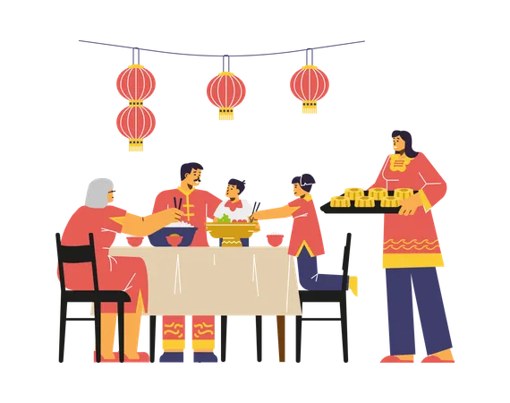 Une famille chinoise célèbre la fête de la mi-automne  Illustration