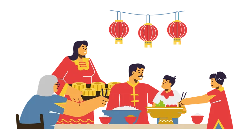 Une famille chinoise heureuse célèbre la fête de la mi-automne  Illustration