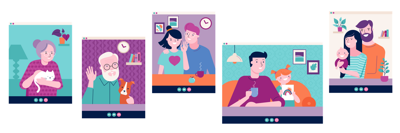 Famille communiquant par appel vidéo pendant le confinement  Illustration