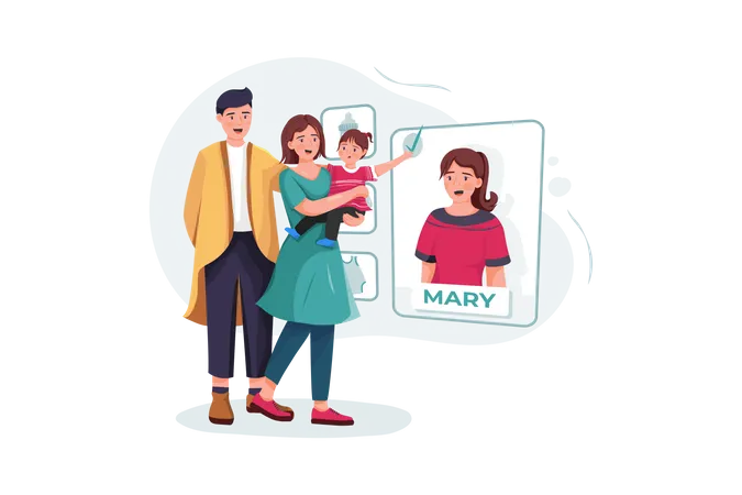 Couple familial avec bébé choisissant une nounou en ligne  Illustration