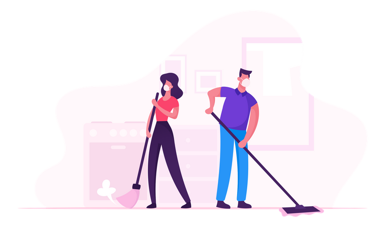 Un couple familial nettoie la maison pendant la quarantaine Covid19  Illustration