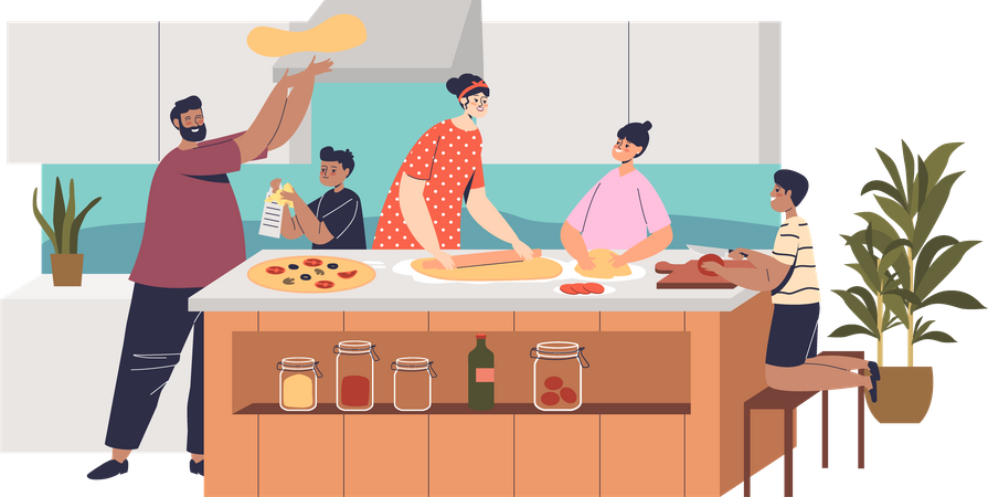 Famille cuisiner une pizza ensemble à la cuisine  Illustration