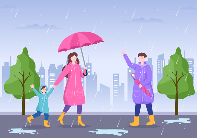 Famille debout sous la pluie  Illustration