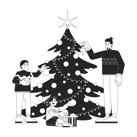 Une famille décore le sapin de Noël ensemble  Illustration