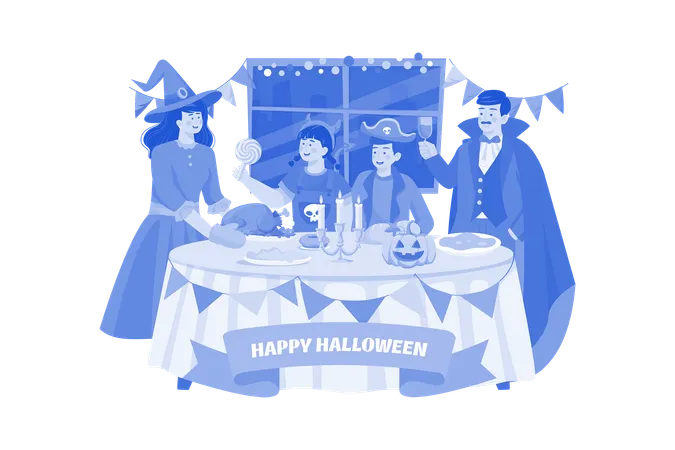 Famille ayant un dîner d'Halloween ensemble  Illustration