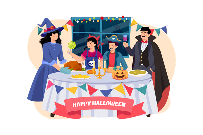 Famille ayant un dîner d'Halloween ensemble  Illustration