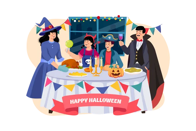 Famille ayant un dîner d'Halloween ensemble  Illustration