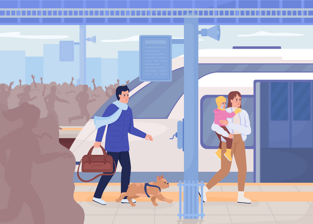 Famille effrayée avec un chien qui court vers le train d'évacuation  Illustration