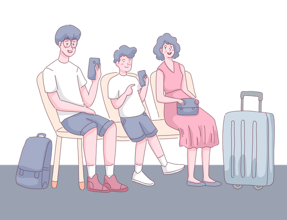 Famille attendant l'embarquement du vol  Illustration