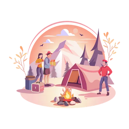 Famille faisant du camping  Illustration