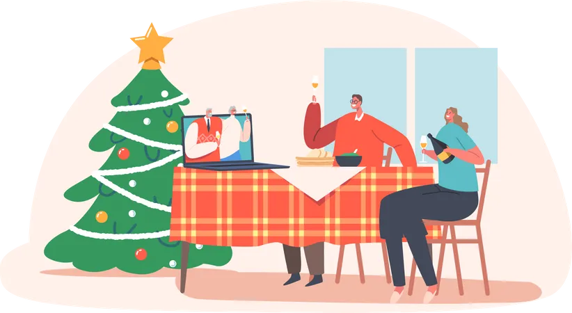 La famille en ligne fête Noël  Illustration