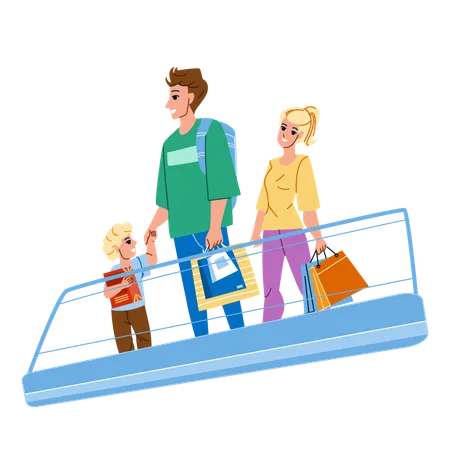 Famille à cheval sur l'escalator du centre commercial ensemble  Illustration