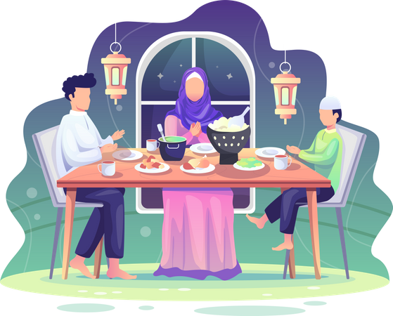 Famille faisant le dîner du Ramazan ensemble  Illustration