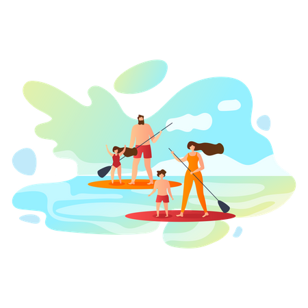 Famille faisant du surf  Illustration