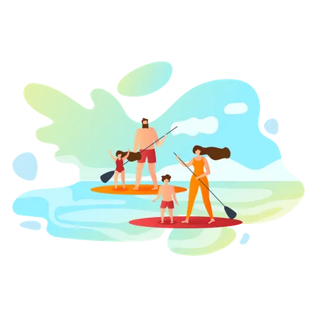 Famille faisant du surf  Illustration