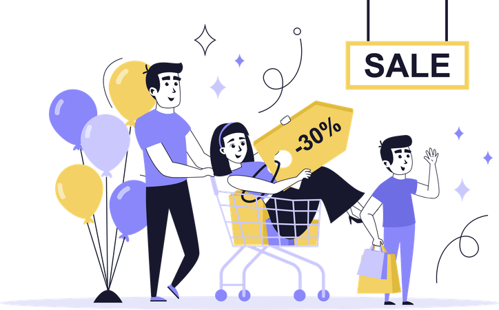 Une famille fait du shopping pendant les soldes saisonnières  Illustration