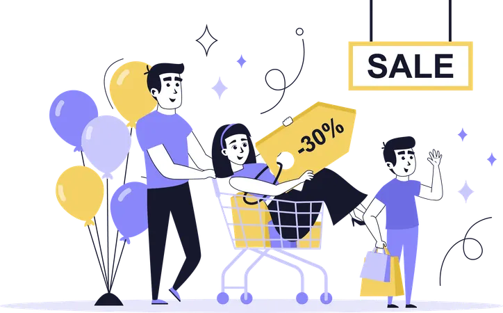 Une famille fait du shopping pendant les soldes saisonnières  Illustration