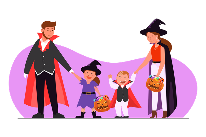Famille habillée en costume d'Halloween allant à la fête  Illustration