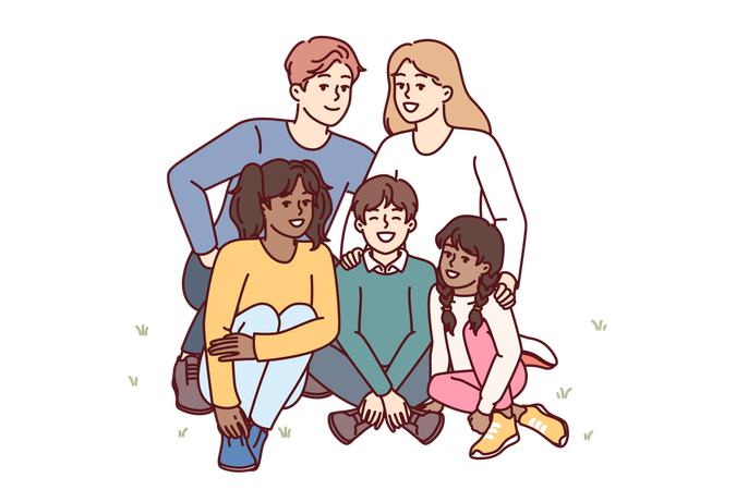 Une famille heureuse est assise dans le jardin  Illustration