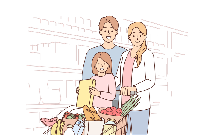 Famille heureuse au supermarché  Illustration