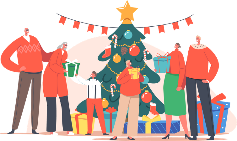 Une famille heureuse célèbre Noël à la maison près de l'arbre de Noël  Illustration