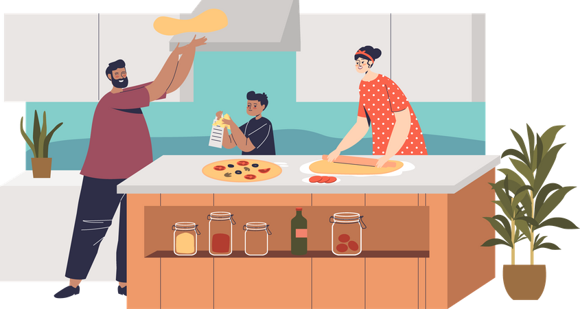 Famille heureuse, cuisine pizza ensemble  Illustration