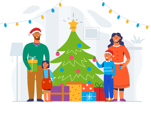 Famille heureuse décorant l'arbre de Noël  Illustration