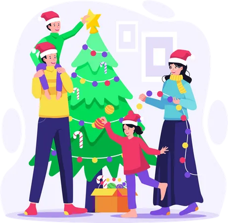 Famille heureuse décorant l'arbre de Noël ensemble à la maison  Illustration