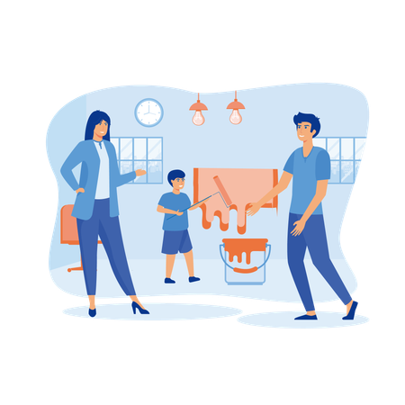Famille heureuse et souriante avec un enfant peignant un mur avec un rouleau  Illustration