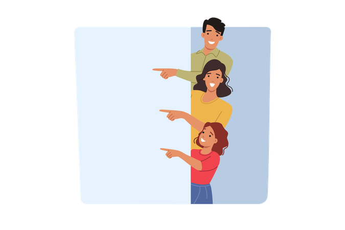 Famille heureuse montrant une bannière blanche et pointant du doigt un endroit  Illustration