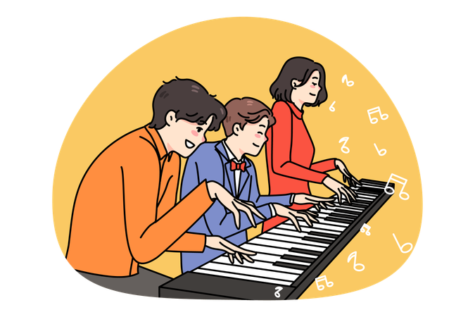 Un musicien de famille heureux joue du même piano  Illustration