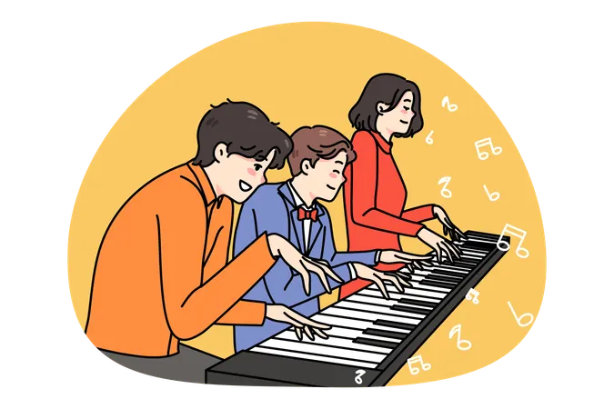Un musicien de famille heureux joue du même piano  Illustration