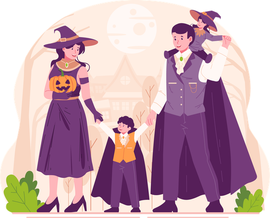 Famille heureuse, parents et enfants vêtus de costumes d'Halloween célébrant Halloween  Illustration