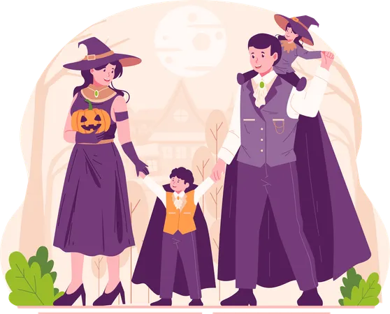 Famille heureuse, parents et enfants vêtus de costumes d'Halloween célébrant Halloween  Illustration