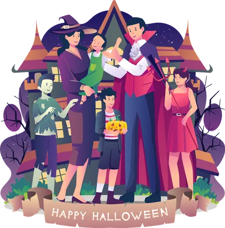 Famille heureuse portant des costumes célébrant ensemble la nuit d'Halloween  Illustration