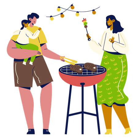 Famille heureuse, profitant d'un dîner barbecue  Illustration