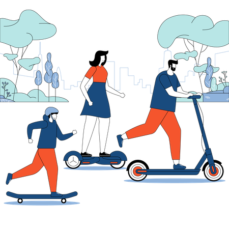 Une famille heureuse en scooter  Illustration