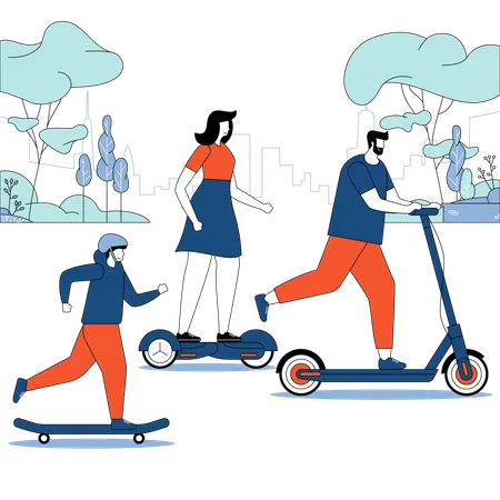 Une famille heureuse en scooter  Illustration