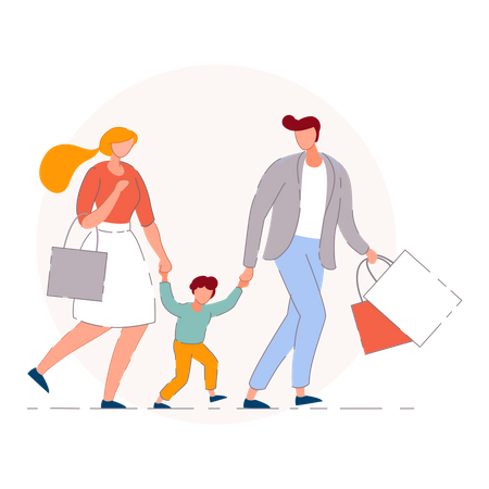 Famille heureuse faisant du shopping dans une saison de soldes dans un centre commercial  Illustration