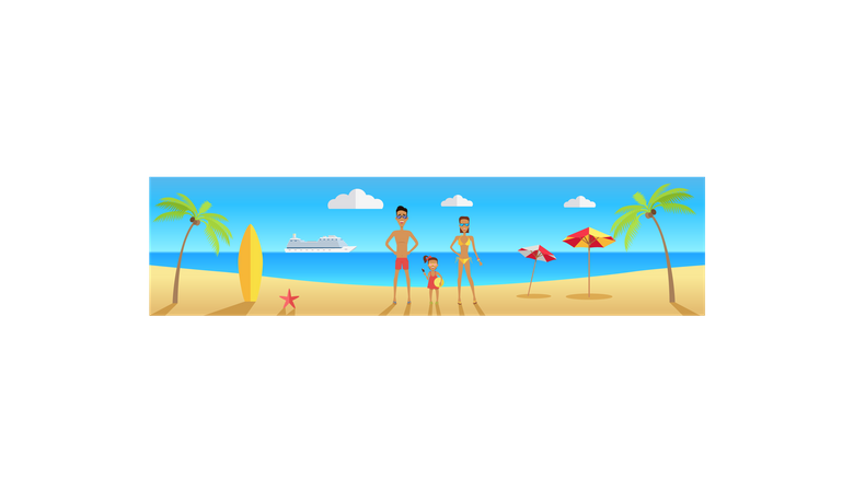 Famille heureuse sur la plage pendant les vacances d'été  Illustration
