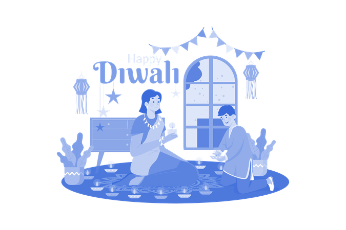 Famille tenant Diya pendant Diwali  Illustration