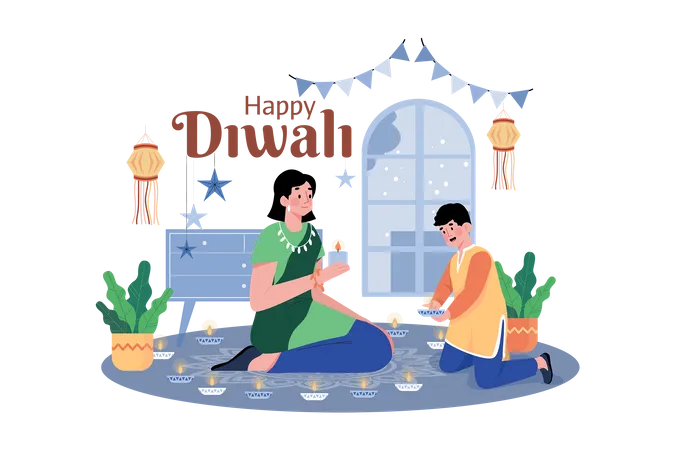 Famille tenant Diya pendant Diwali  Illustration