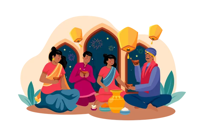 Famille indienne célébrant le festival de Diwali  Illustration