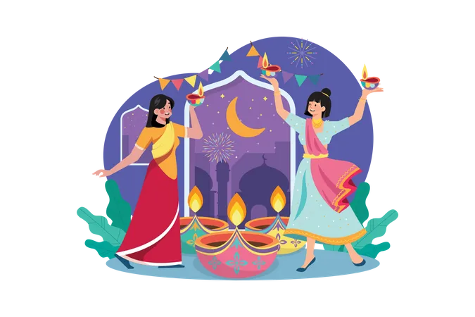 Famille indienne célébrant le festival de Diwali  Illustration